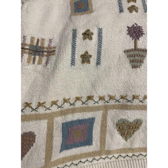 Alfred Dunner Petite PM Sweater Vintage Embroidered Floral Beaded White Cotton - Picture 6 of 13